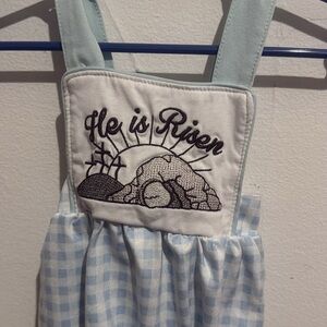 He Is Risen Embroidered Blue Gingham Pinafore Dress